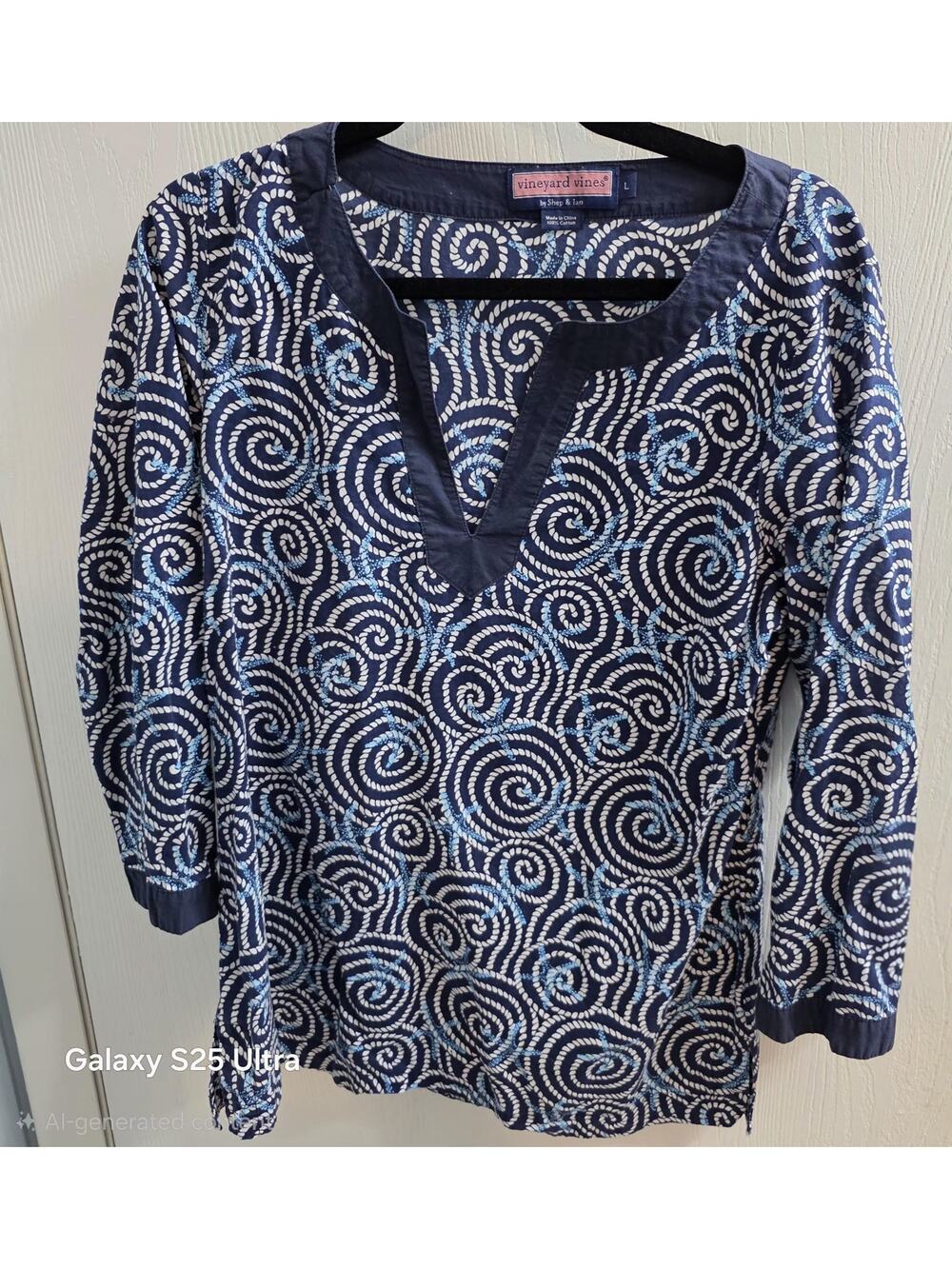 Vineyard Vines Starfish & Rope Tunic V Neck Blue/white Shirt Size L Beachy